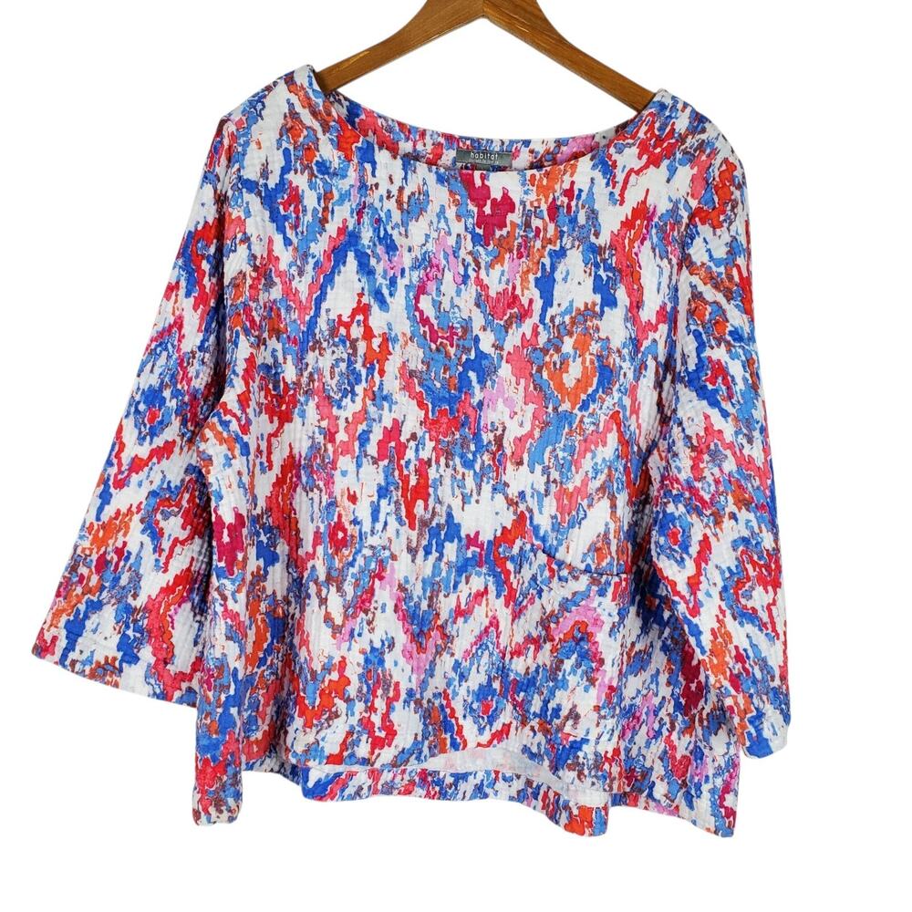 Habitat Seaside Double Cloth Gauze Pullover Top Lg 3/4 Sleeve Ikat Red Pink Blue - Picture 2 of 12